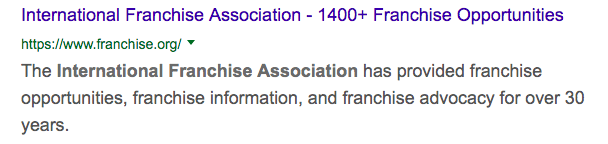 Google screenshot demonstrating the IFA website offers over 1400 franchise opportunities