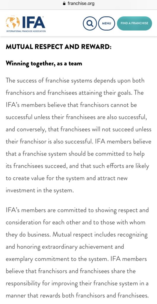 Screenshot of portion of IFA's 'Code of Ethics'