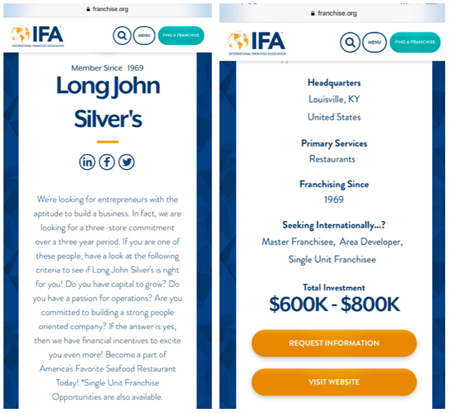 Screenshot from the IFA website demonstrating that the IFA currently promotes the Long John Silver's franchise.