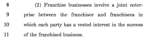 Screenshot of text from the Fair Franchise Act of 2017