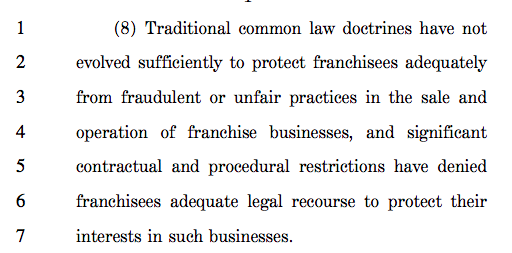 Screenshot of text from the Fair Franchise Act of 2017