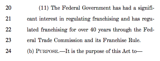 Screenshot of text from the Fair Franchise Act of 2017