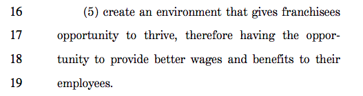 Screenshot of text from the Fair Franchise Act of 2017