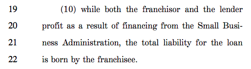 Screenshot of verbiage from the SBA Franchise Loan Transparency Act of 2019