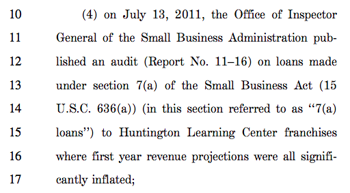 Screenshot of the SBA Franchise Loan Transparency Act's purpose