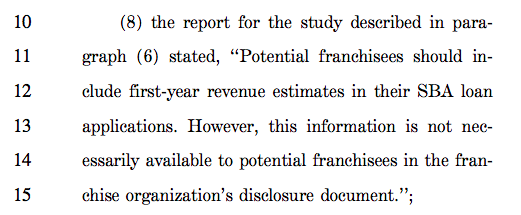 Screenshot of verbiage from the SBA Franchise Loan Transparency Act of 2019