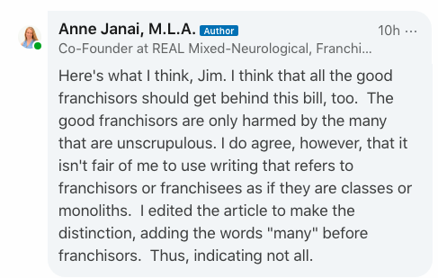 Screenshot of my response on LinkedIn