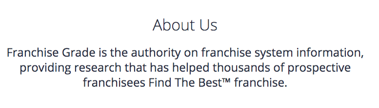 Screenshot from Franchise Grade website which states that Franchise Grade 'has helped thousands of prospective franchisees find the best franchise