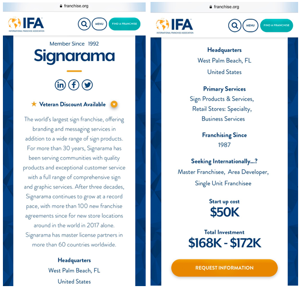 Screenshot from the IFA website demonstrating that the IFA currently promotes Signarama