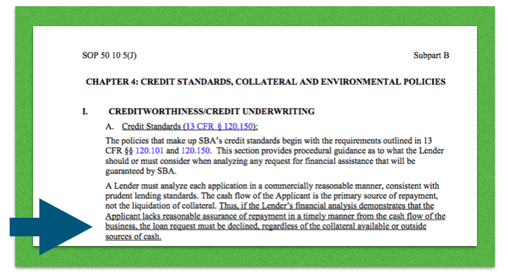 Screenshot from page 170 of the SBA Standard Operating Procedures including underlined statement